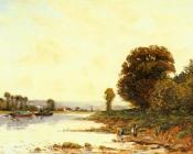 希波吕忒 卡米尔 迪莱 : Washerwomen in a River Landscape with Steamboats beyond